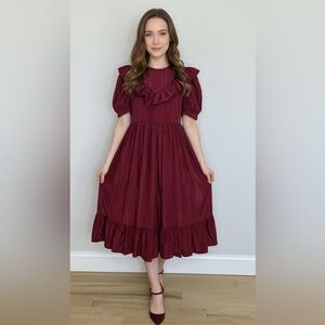 Batsheva May Dress Burgundy Moire Prairie Midi Dress Size 6 NWT